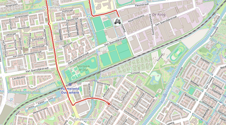 Kaart van de omgeving van de melding, met de kazerne die is gealarmeerd