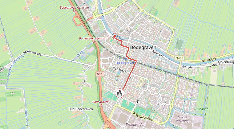 Kaart van de omgeving van de melding, met de kazerne die is gealarmeerd