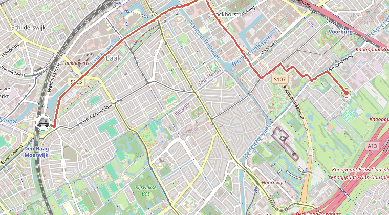Kaart van de omgeving van de melding, met de kazerne die is gealarmeerd