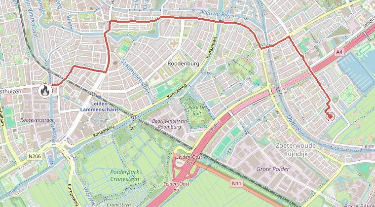 Kaart van de omgeving van de melding, met de kazerne die is gealarmeerd