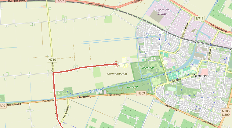 Kaart van de omgeving van de melding, met de kazerne die is gealarmeerd