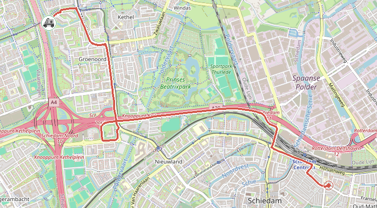 Kaart van de omgeving van de melding, met de kazerne die is gealarmeerd