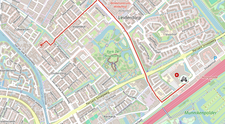 Kaart van de omgeving van de melding, met de kazerne die is gealarmeerd