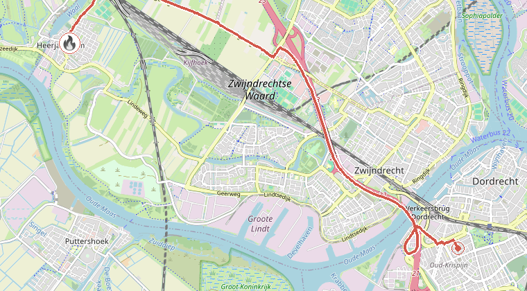 Kaart van de omgeving van de melding, met de kazerne die is gealarmeerd