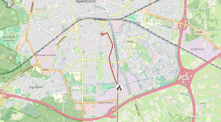 Kaart van de omgeving van de melding, met de kazerne die is gealarmeerd