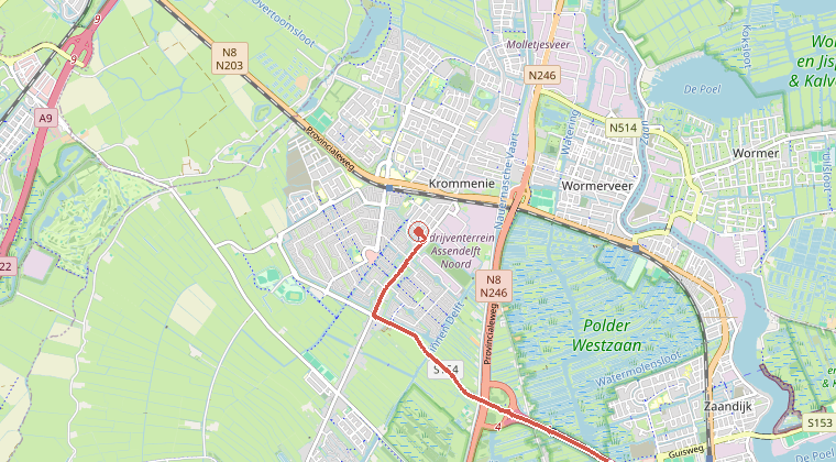 Kaart van de omgeving van de melding, met de kazerne die is gealarmeerd