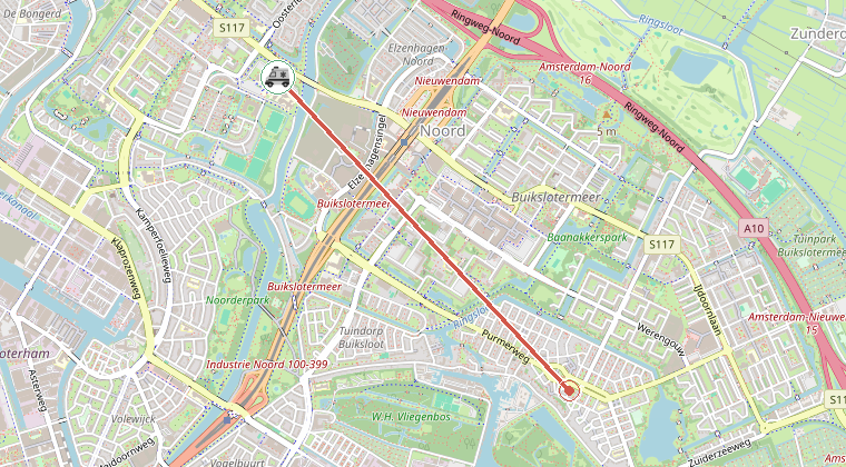 Kaart van de omgeving van de melding, met de kazerne die is gealarmeerd