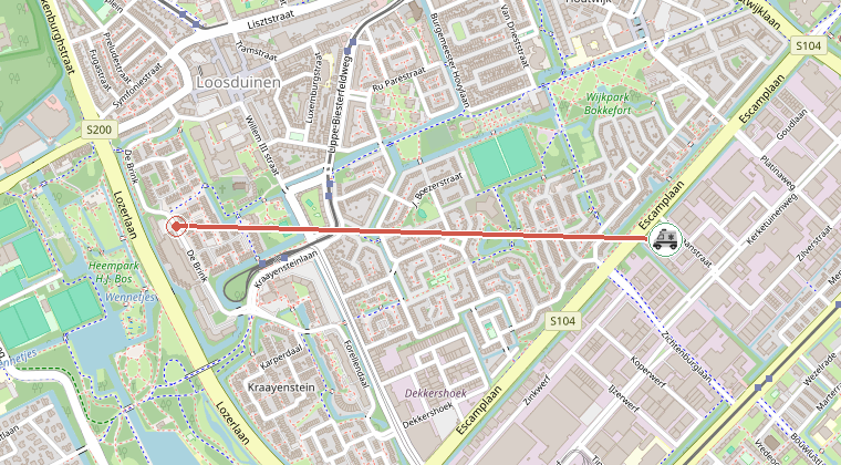 Kaart van de omgeving van de melding, met de kazerne die is gealarmeerd