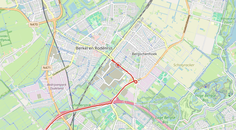 Kaart van de omgeving van de melding, met de kazerne die is gealarmeerd