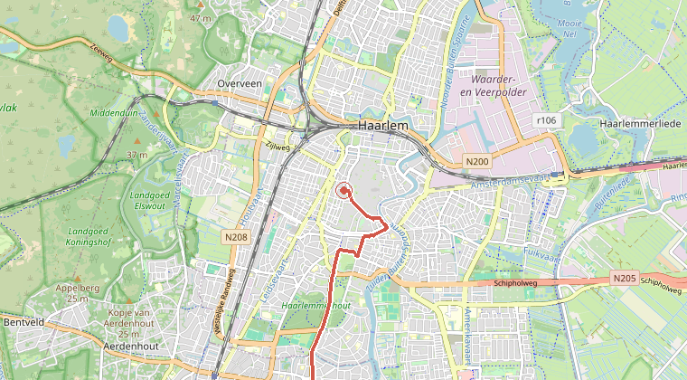 Kaart van de omgeving van de melding, met de kazerne die is gealarmeerd