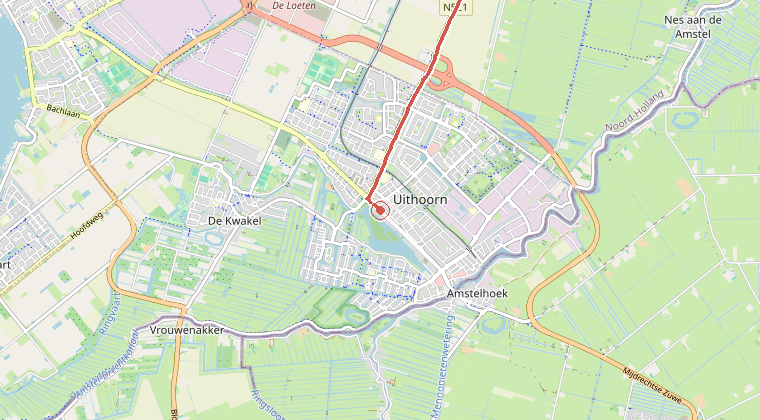 Kaart van de omgeving van de melding, met de kazerne die is gealarmeerd