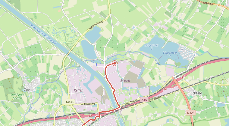 Kaart van de omgeving van de melding, met de kazerne die is gealarmeerd