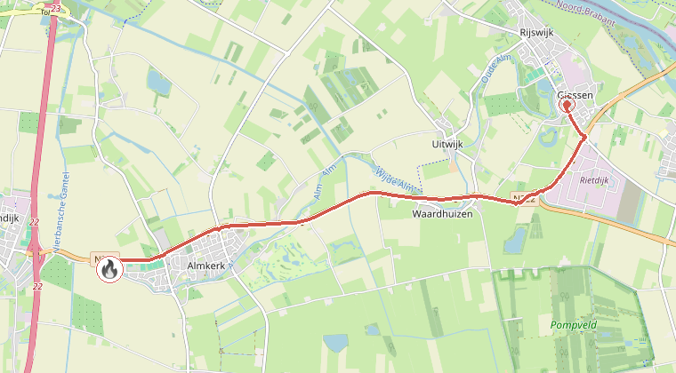Kaart van de omgeving van de melding, met de kazerne die is gealarmeerd
