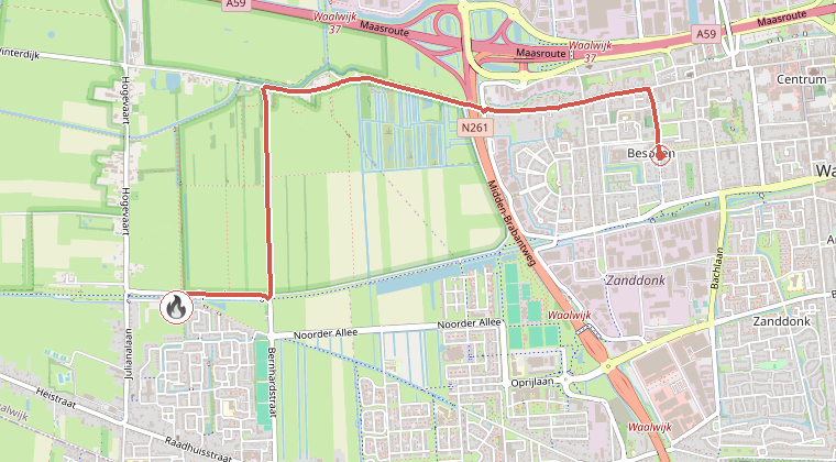 Kaart van de omgeving van de melding, met de kazerne die is gealarmeerd
