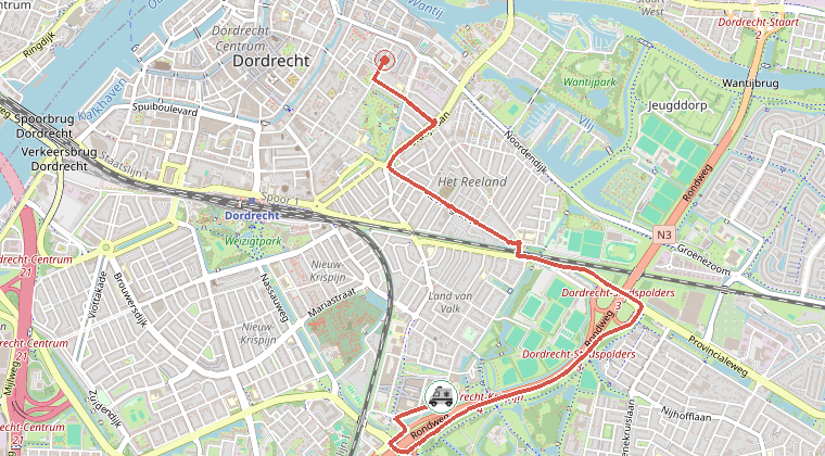 Kaart van de omgeving van de melding, met de kazerne die is gealarmeerd