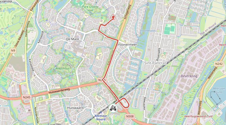 Kaart van de omgeving van de melding, met de kazerne die is gealarmeerd