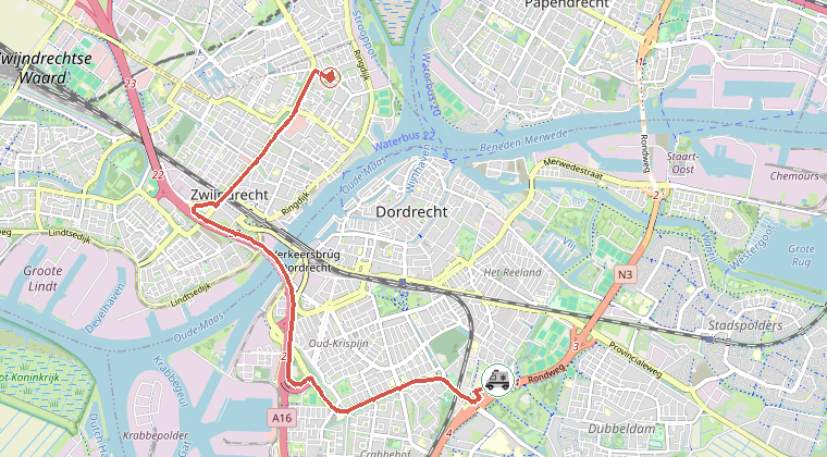 Kaart van de omgeving van de melding, met de kazerne die is gealarmeerd