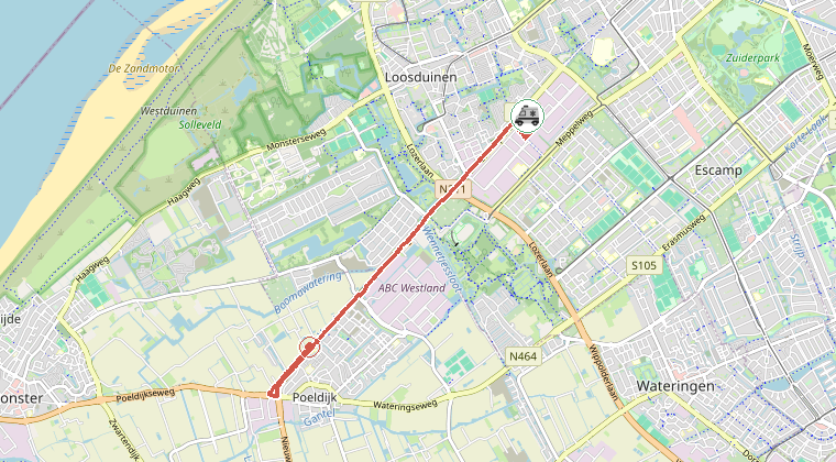 Kaart van de omgeving van de melding, met de kazerne die is gealarmeerd