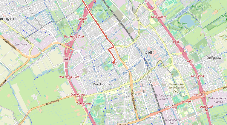 Kaart van de omgeving van de melding, met de kazerne die is gealarmeerd
