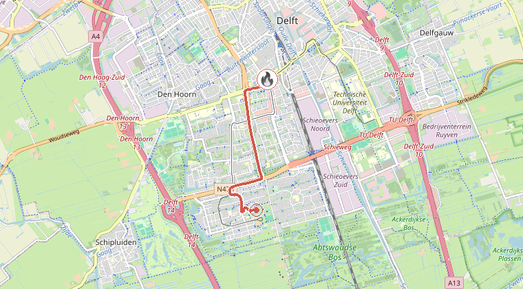 Kaart van de omgeving van de melding, met de kazerne die is gealarmeerd