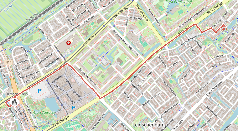 Kaart van de omgeving van de melding, met de kazerne die is gealarmeerd