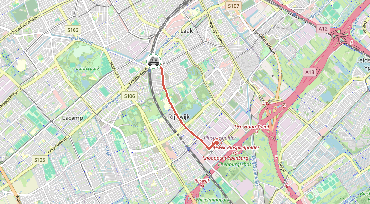 Kaart van de omgeving van de melding, met de kazerne die is gealarmeerd