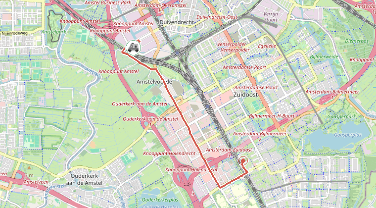 Kaart van de omgeving van de melding, met de kazerne die is gealarmeerd