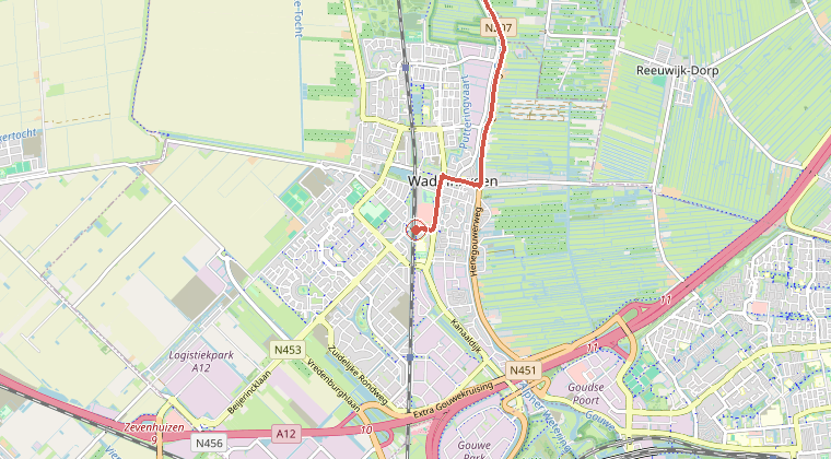 Kaart van de omgeving van de melding, met de kazerne die is gealarmeerd