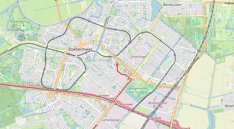 Kaart van de omgeving van de melding, met de kazerne die is gealarmeerd