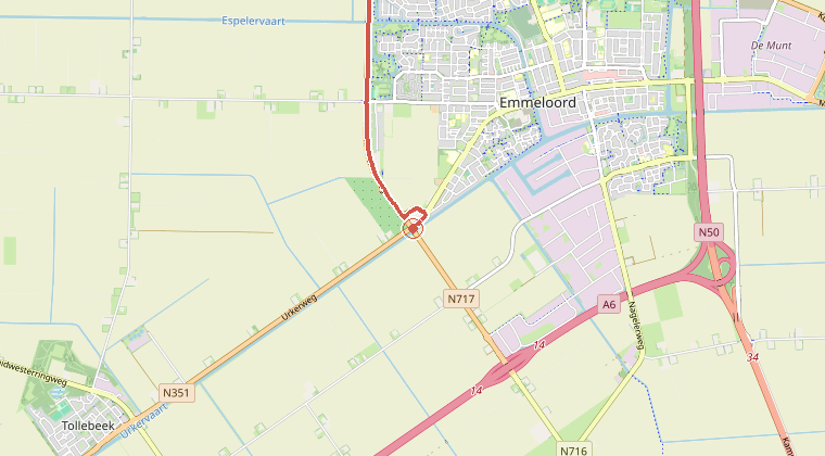 Kaart van de omgeving van de melding, met de kazerne die is gealarmeerd