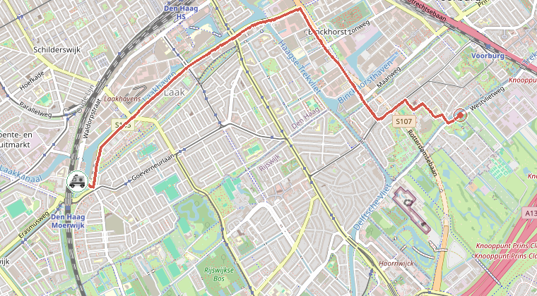 Kaart van de omgeving van de melding, met de kazerne die is gealarmeerd