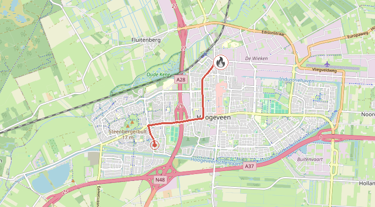 Kaart van de omgeving van de melding, met de kazerne die is gealarmeerd