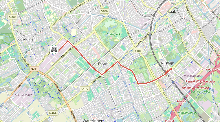 Kaart van de omgeving van de melding, met de kazerne die is gealarmeerd