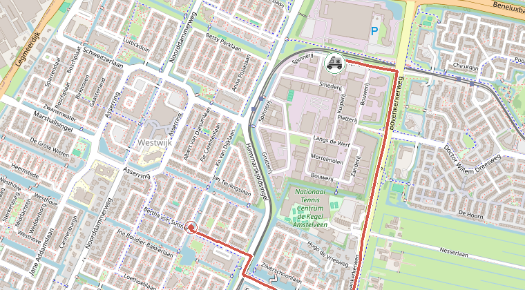 Kaart van de omgeving van de melding, met de kazerne die is gealarmeerd