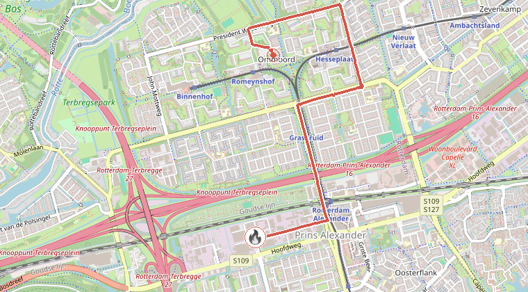 Kaart van de omgeving van de melding, met de kazerne die is gealarmeerd