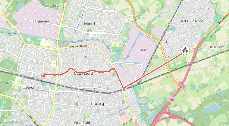 Kaart van de omgeving van de melding, met de kazerne die is gealarmeerd