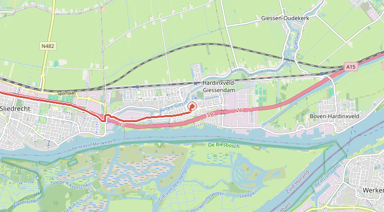 Kaart van de omgeving van de melding, met de kazerne die is gealarmeerd