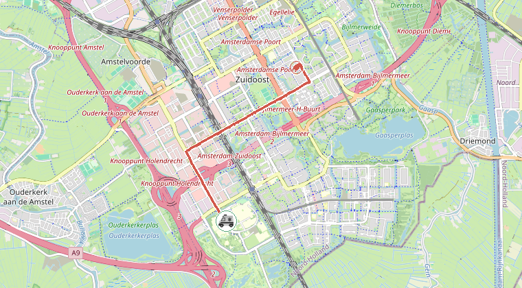 Kaart van de omgeving van de melding, met de kazerne die is gealarmeerd