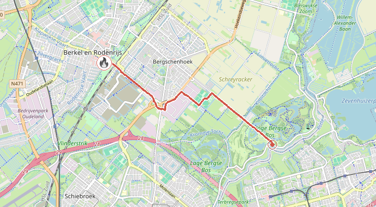 Kaart van de omgeving van de melding, met de kazerne die is gealarmeerd