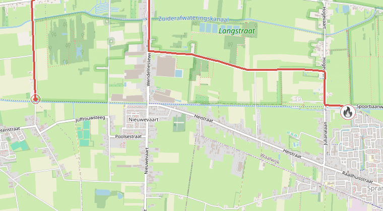 Kaart van de omgeving van de melding, met de kazerne die is gealarmeerd
