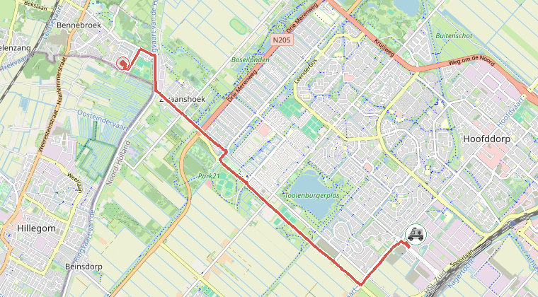 Kaart van de omgeving van de melding, met de kazerne die is gealarmeerd