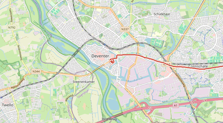 Kaart van de omgeving van de melding, met de kazerne die is gealarmeerd