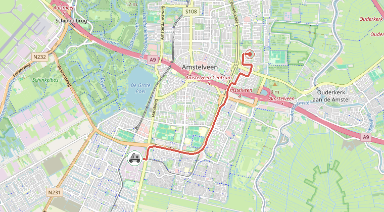 Kaart van de omgeving van de melding, met de kazerne die is gealarmeerd
