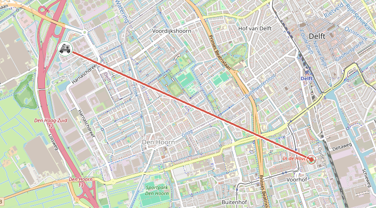 Kaart van de omgeving van de melding, met de kazerne die is gealarmeerd