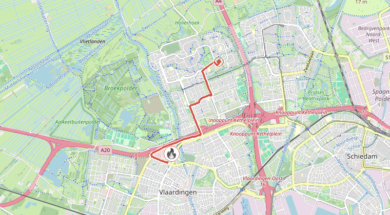 Kaart van de omgeving van de melding, met de kazerne die is gealarmeerd