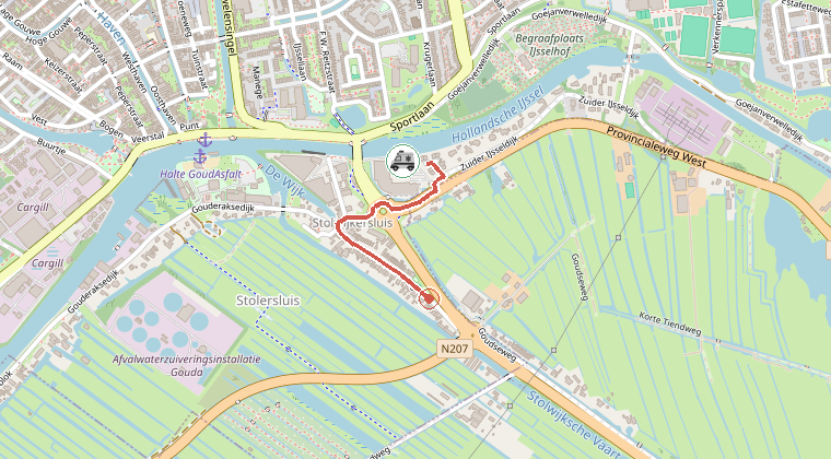Kaart van de omgeving van de melding, met de kazerne die is gealarmeerd