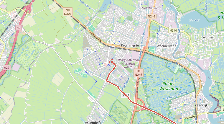 Kaart van de omgeving van de melding, met de kazerne die is gealarmeerd
