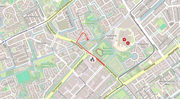 Kaart van de omgeving van de melding, met de kazerne die is gealarmeerd