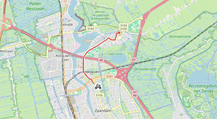 Kaart van de omgeving van de melding, met de kazerne die is gealarmeerd