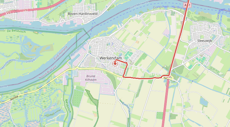 Kaart van de omgeving van de melding, met de kazerne die is gealarmeerd